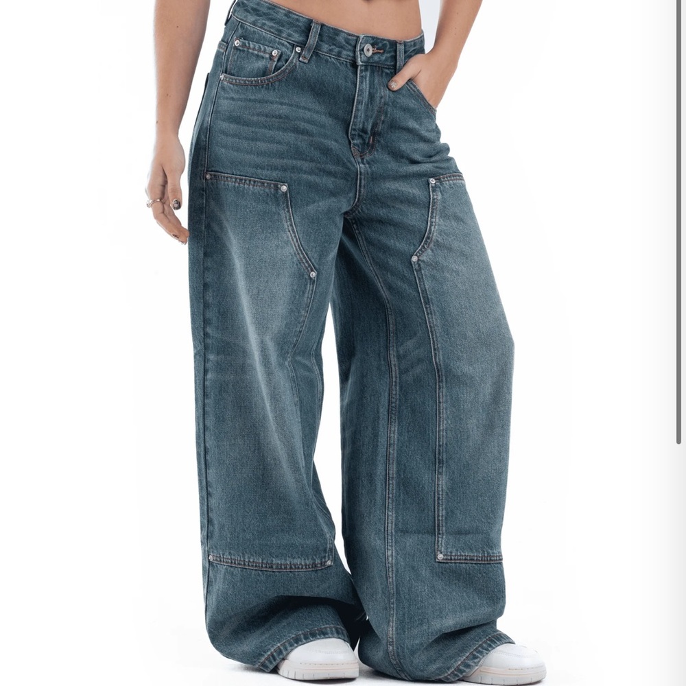 Baggy Brand Clothing Blue Double Knee Denim Wide Leg Jeans - Size XXS